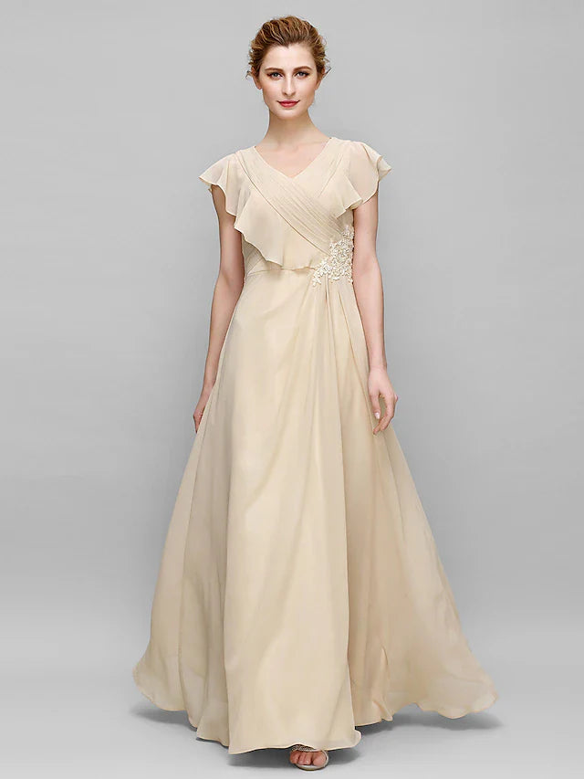 Wholesale Sheath / Column Mother of the Bride Dress Plus Size Elegant V Neck Floor Length Chiffon Sleeveless with Criss Cross Appliques